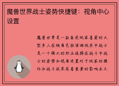 魔兽世界战士姿势快捷键：视角中心设置